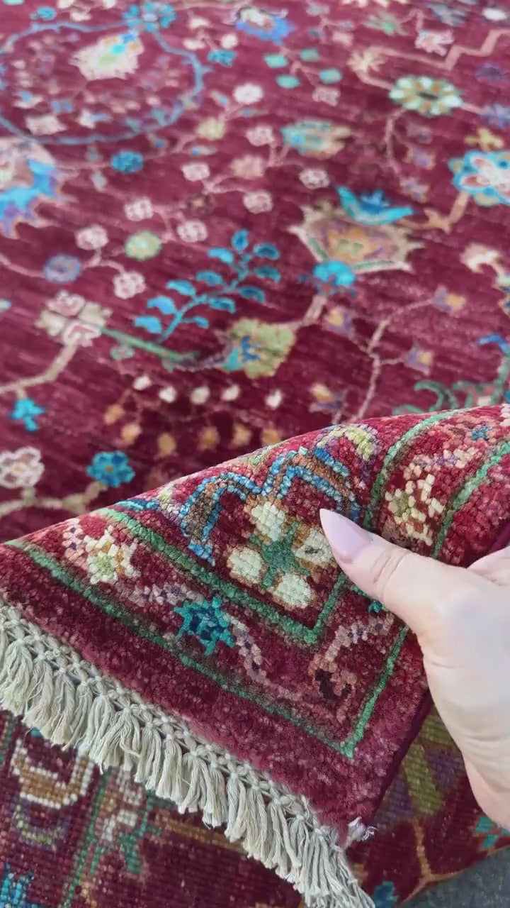 6x8 Handmade Afghan Wool Rug | Crimson Red Floral Area Rug | Turquoise and Ivory Accents | Hand-Knotted Traditional Carpet