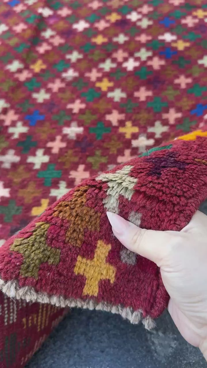 3x5 Handmade Vintage Afghan Baluch Rug | Brick Red Copper Chocolate Brown Rose Pink Peach Forest Olive Moss Green White Grey Mustard | Wool