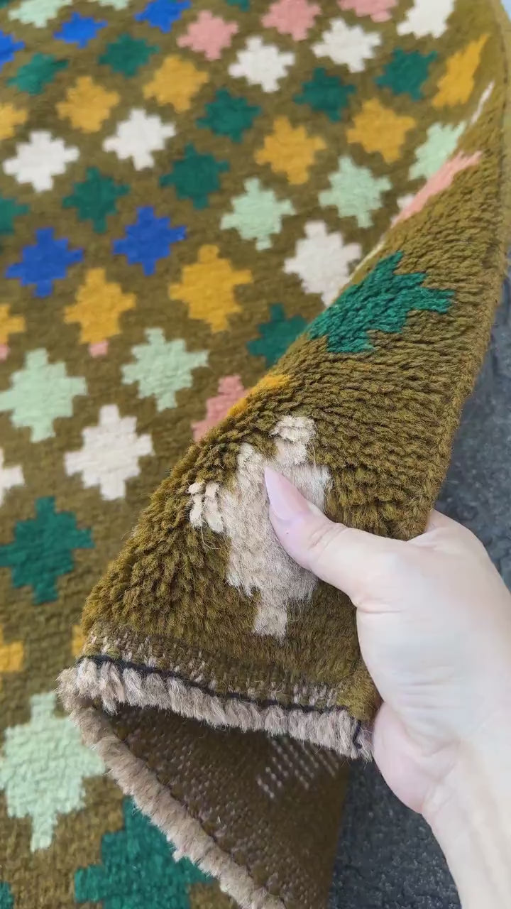 4x6 Handmade Vintage Afghan Baluch Rug | Olive Forest Mint Green Salmon Pink Peach Mustard Gold Cream White Navy Blue | Wool Flatwoven