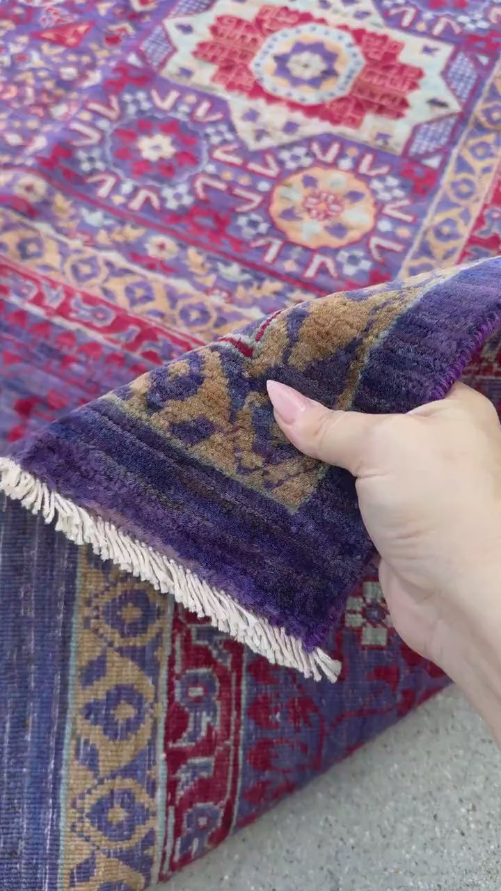 10x14 Handmade Afghan Mamluk Wool Rug | Purple and Red Oriental Area Rug | Hand-Knotted Geometric Carpet | Traditional Living Room Decor
