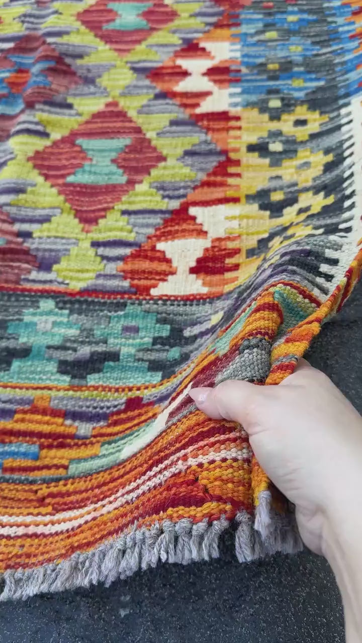 3x4 Handmade Afghan Kilim Rug | Burnt Rust Orange Charcoal Light Grey Olive Green Teal Denim Navy Blue Blood Red Mustard | Wool Flatwoven