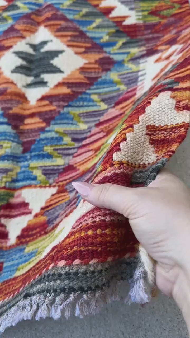2x3 Handmade Afghan Kilim Rug | Burnt Rust Orange Brick Maroon Red Purple Denim Blue White Cream Grey Black Olive Forest Green | Wool