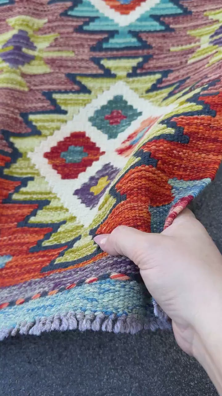 2x5 Handmade Afghan Kilim Runner Rug | Burnt Orange Aqua Teal Olive Green Mustard Brick Red Cream White Forest Purple | Wool Flatwoven