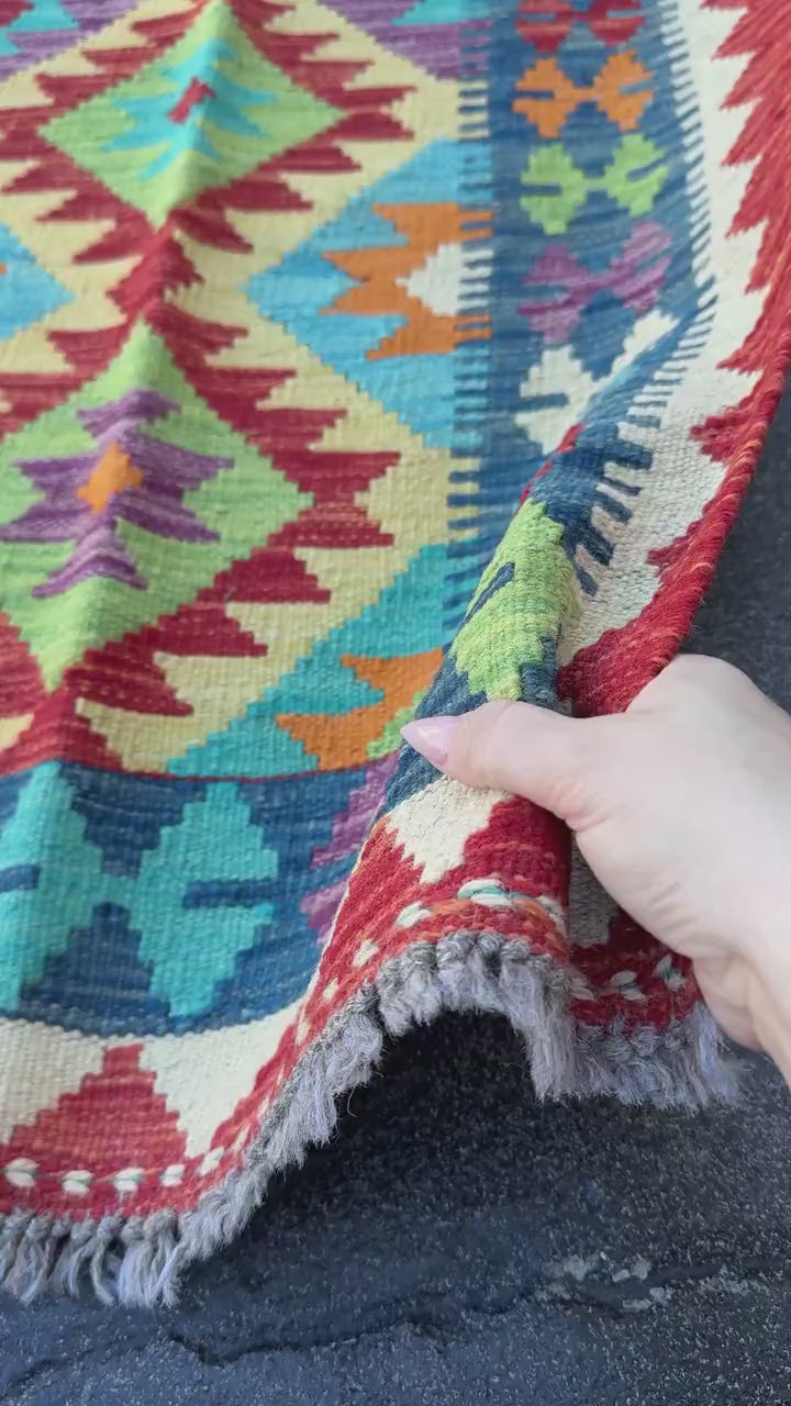 2x7 Handmade Afghan Kilim Runner Rug | Cream Beige Orange Brick Blood Red Grey Denim Blue Olive Moss Green Teal | Wool Turkish