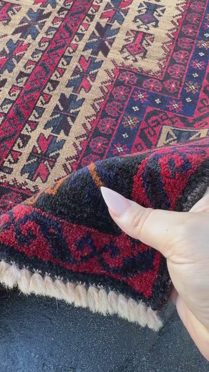 3x5 (91x152) Handmade Vintage Afghan Baluch Rug | Brick Auburn Red Gold Beige Cream Tan Black Caramel Brown Grey Navy Blue | Wool Geometric