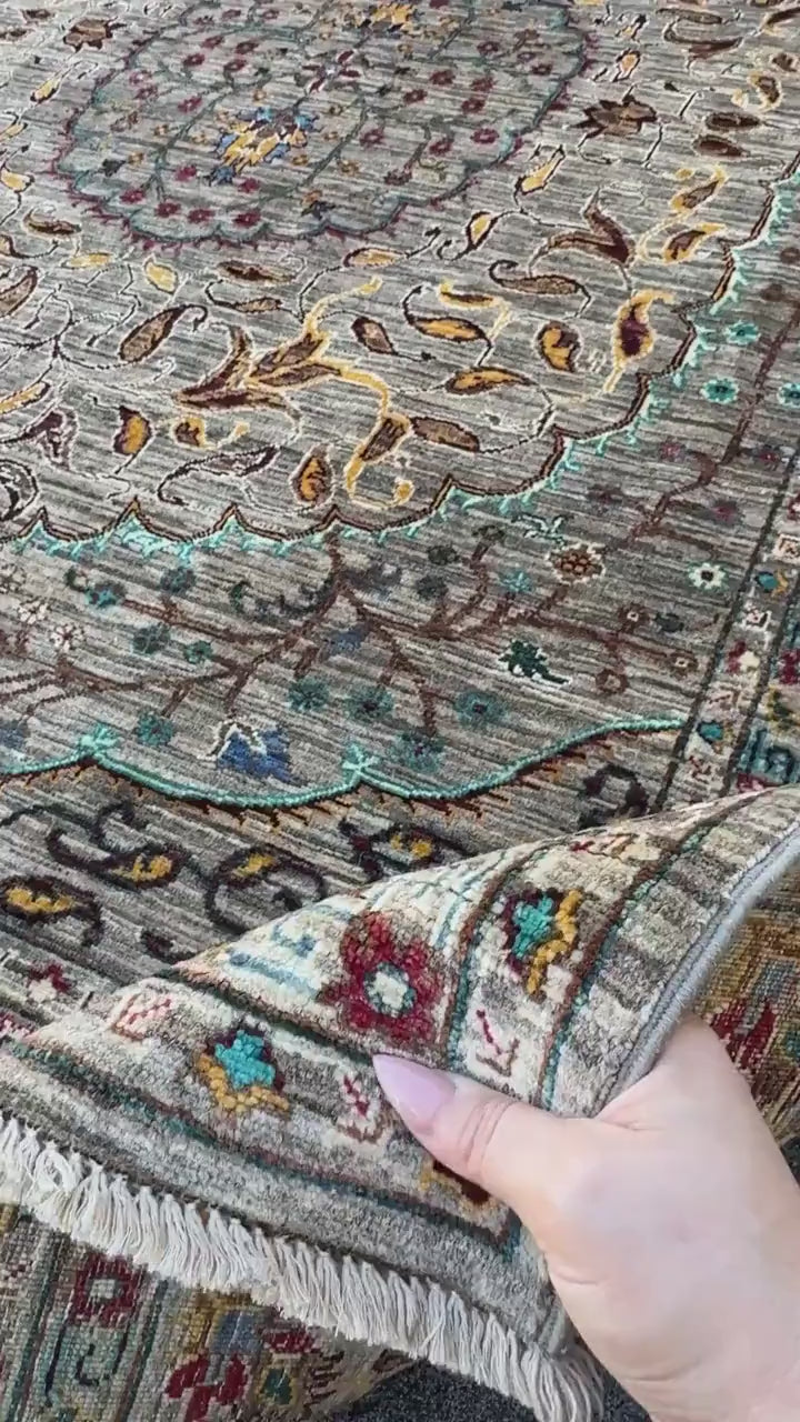6x8 Handmade Afghan Wool Rug | Taupe and Beige Floral Medallion Area Rug | Muted Gold, Rose and Mint Accents | Hand-Knotted
