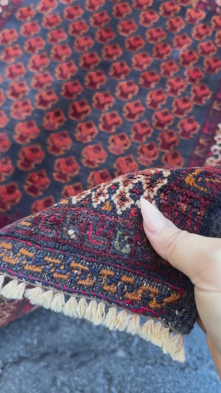 3x4 (91x121) Handmade Vintage Afghan Baluch Rug | Wine Burgundy Blood Auburn Red Gold Saffron Rust Orange Midnight Blue Brown White | Wool