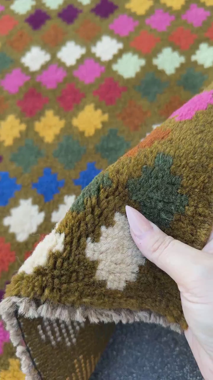4x6 Handmade Vintage Afghan Baluch Rug | Olive Pine Mint Green Mustard Gold Navy Blue White Brick Red Burnt Orange Rose Pink Magenta Peach