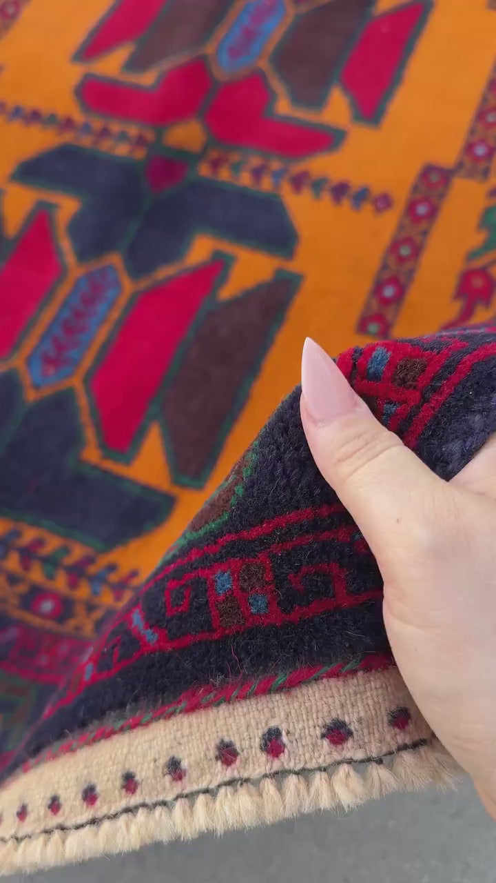 3x5 (91x152) Handmade Vintage Afghan Baluch Rug | Orange Scarlet Crimson Red Burgundy Navy Blue Plum Denim Forest Green White Gold | Wool