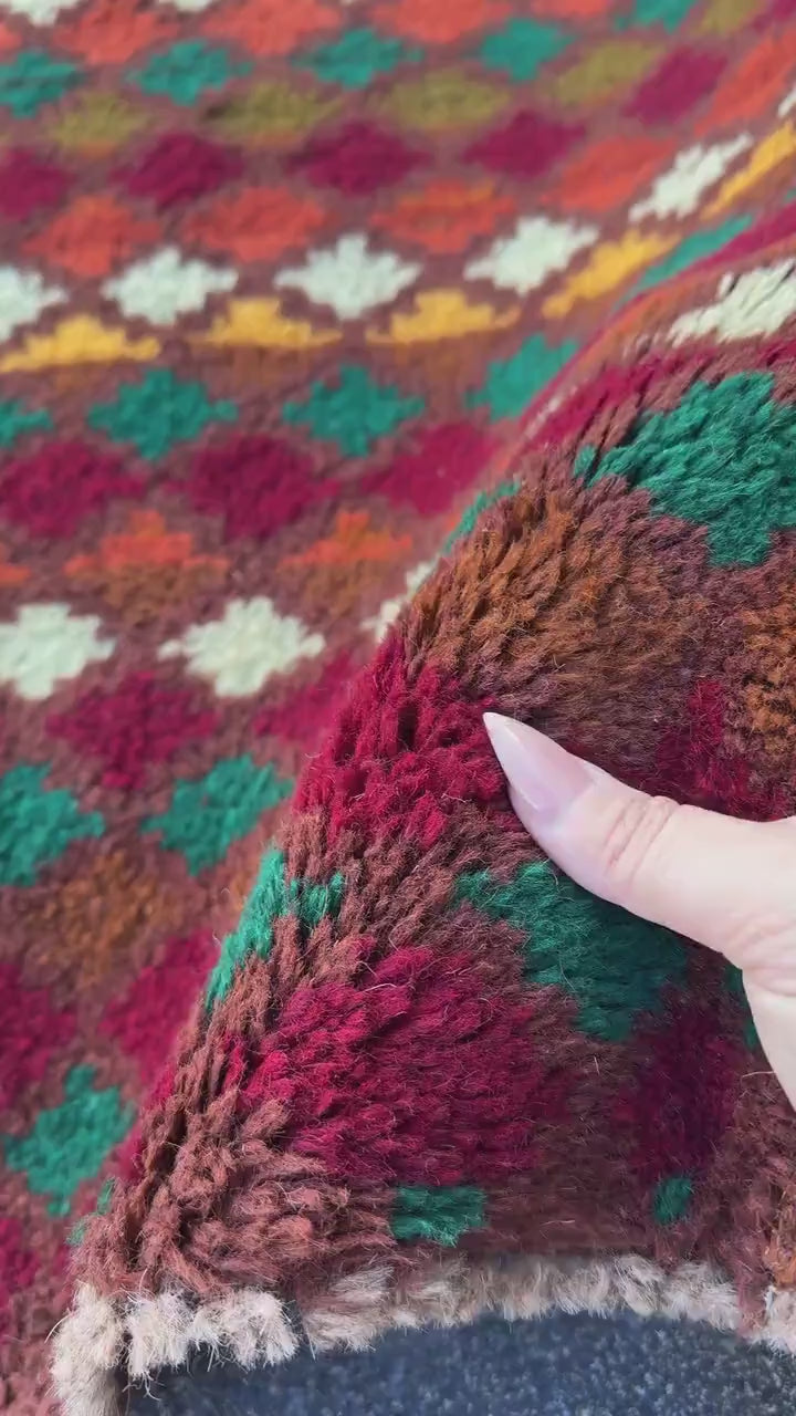 3x10 Handmade Vintage Afghan Baluch Runner Rug | Chocolate Brown Mint Forest Olive Green Rose Salmon Pink Burnt Orange Rust Red Mustard