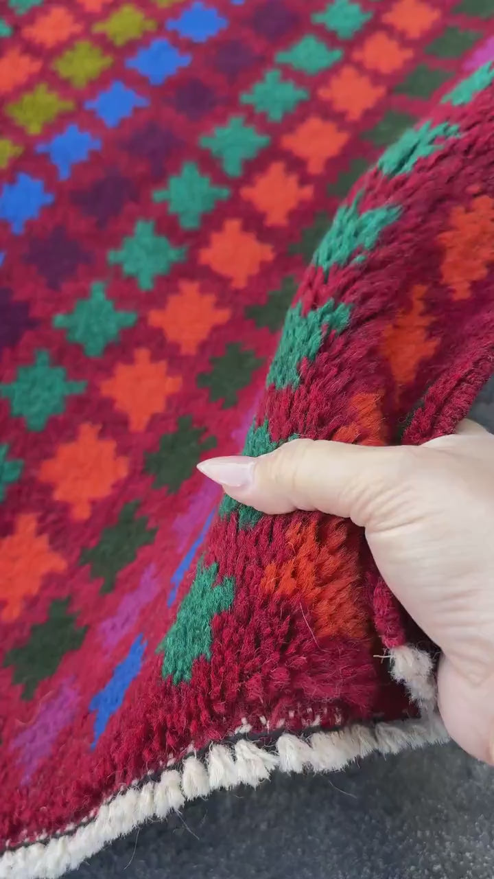 3x10 Handmade Vintage Afghan Baluch Runner Rug | Brick Red Forest Pine Olive Green Blue Orange  Black Rose Pink | Wool Flatwoven