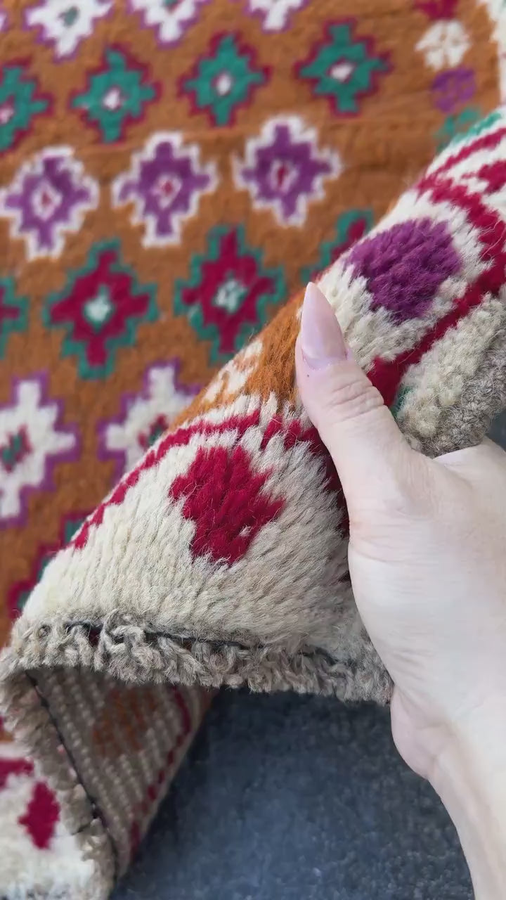 3x9 Handmade Vintage Afghan Baluch Runner Rug | Chocolate Brown Brick Red White Magenta Forest Green | Wool Flatwoven