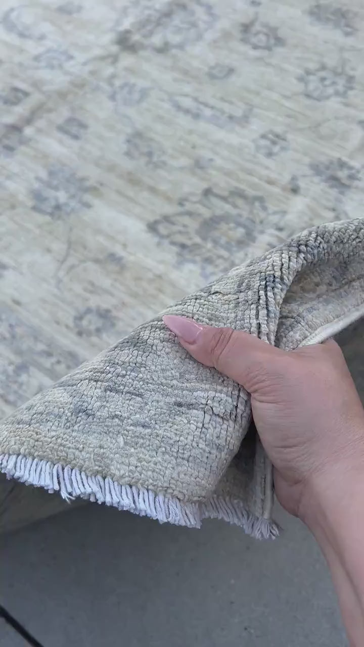 6x10 (183x305) Handmade Afghan Rug | Neutral Muted Cream Beige Ivory Grey Gray | Wool Boho Hand Knotted Heriz Serapi