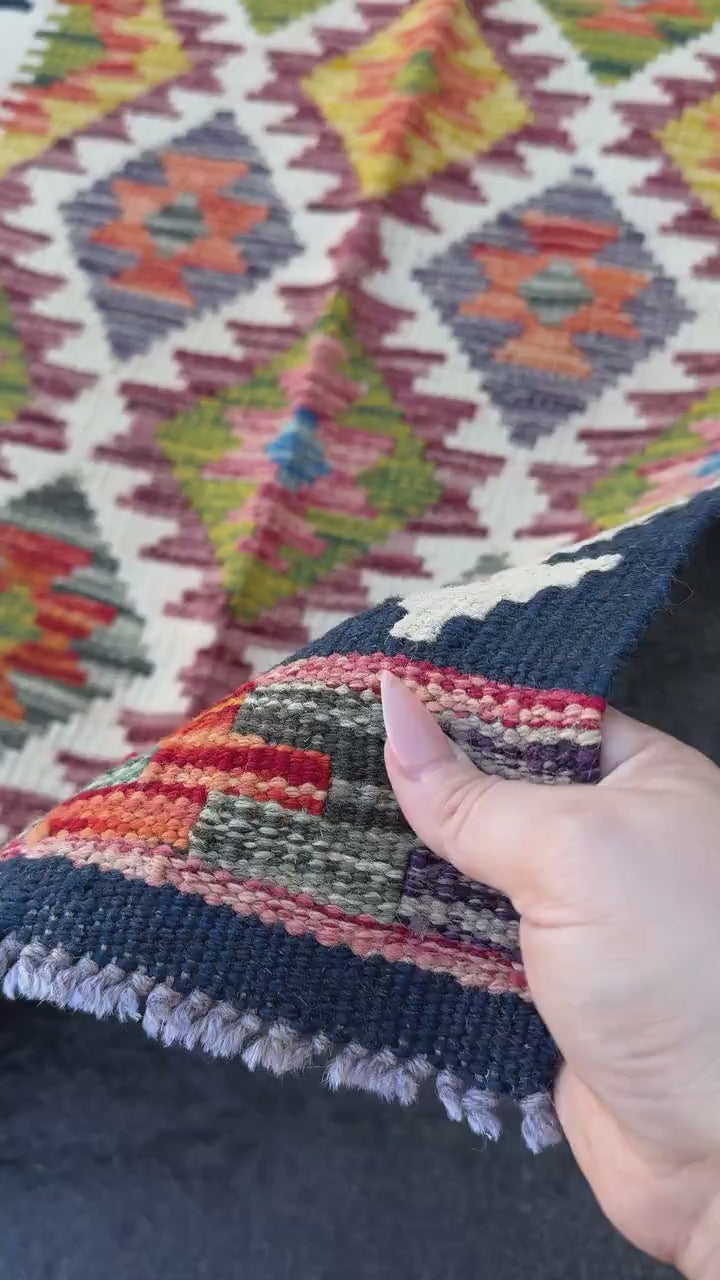 2x5 Handmade Afghan Kilim Runner Rug | Midnight Navy Denim Blue Burnt Orange Mustard Yellow Grey Maroon Crimson Red Moss Green Cream | Wool