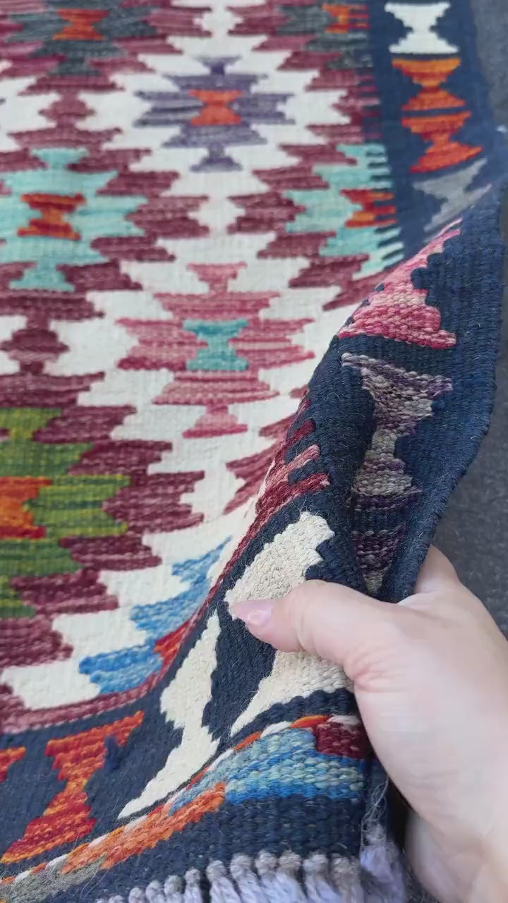 2x5 Handmade Afghan Kilim Runner Rug | Maroon Cream White Rust Red Burnt Orange Olive Green Teal Aqua Blue Navy Mustard Yellow Grey | Wool