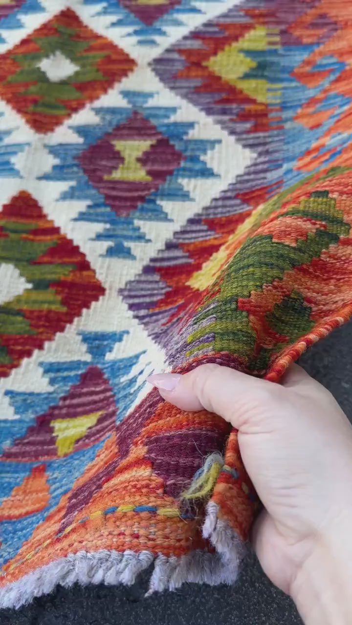 2x5 Handmade Afghan Kilim Runner Rug | Burnt Orange Cream White Red Olive Green Navy Blue Teal Aqua Purple Mustard Yellow | Wool Flatwoven