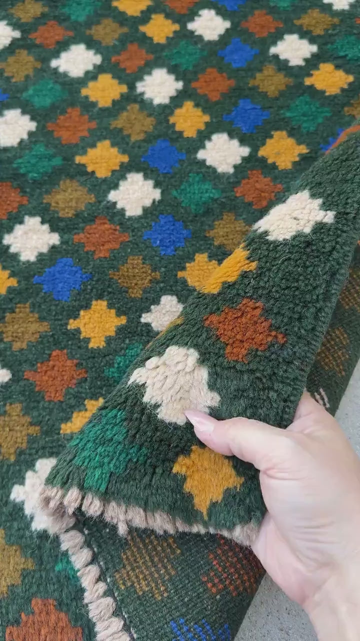 4x6 Handmade Vintage Afghan Baluch Rug | Pine Forest Olive Green Navy Blue White Mustard Gold Copper Brown | Wool Flatwoven