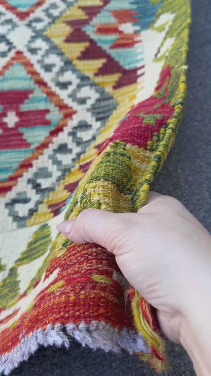 3x4 Handmade Afghan Kilim Rug | Mustard Yellow Rust Red Cream White Olive Green Teal Aqua Blue Burgundy Purple Grey | Wool Flatwoven