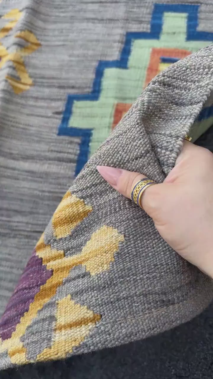 3x5 (91x152) Handmade Afghan Kilim Rug | Grey Charcoal Powder Denim Navy Blue Purple White Cream Yellow Orange Saffron | Wool Flatweave