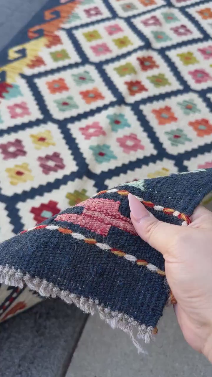 2-3x5 Handmade Afghan Kilim Rug | Navy Midnight Baby Sky Denim Blue Orange Cream White Blood Red Pink Moss Pine Green Maroon Aqua | Wool