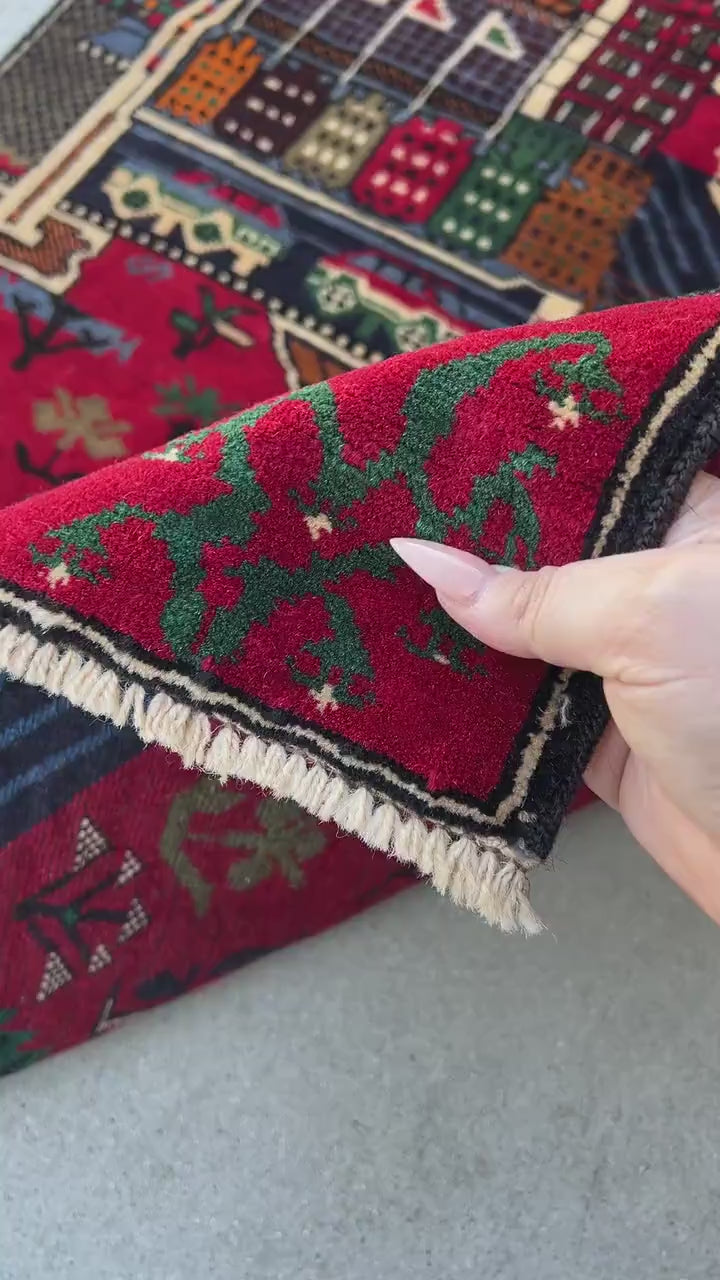 3x5 (100x180) Handmade Vintage Baluch Afghan Rug | Cherry Red Midnight Sky Royal Blue Copper Rust Brown Sage Pine Green Ivory Orange Black