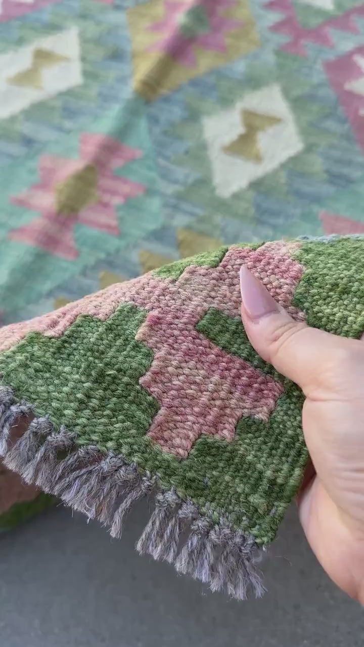 3x5 (91x152) Handmade Afghan Kilim Rug | Forest Moss Olive Green Teal Denim Baby Blue Baby Blush Pink Cream White | Wool Flataweave Modern