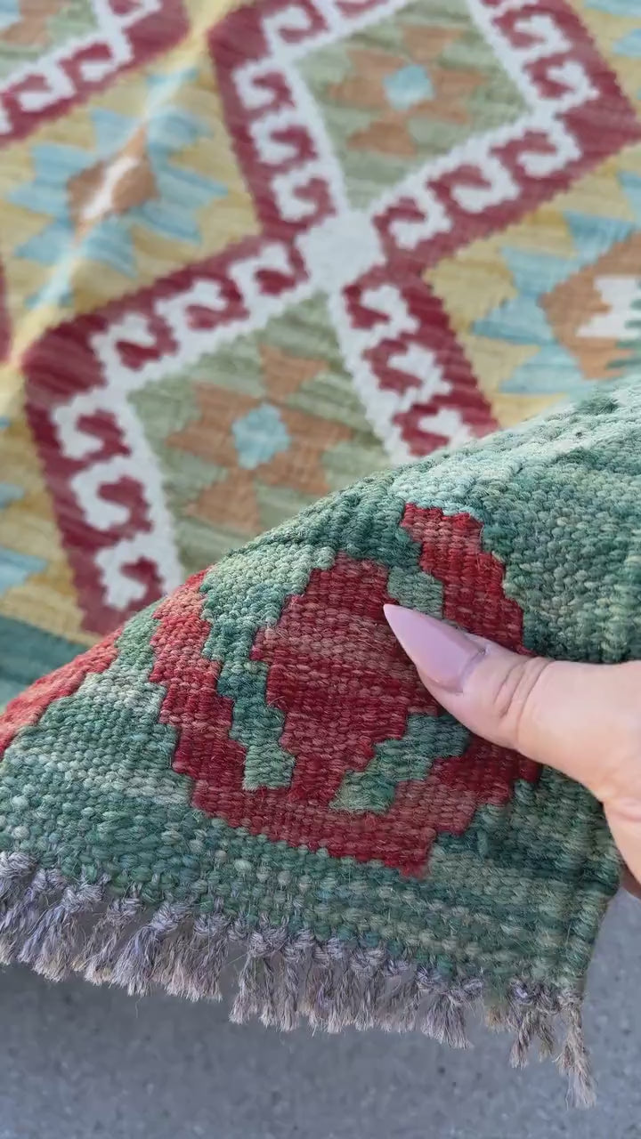 3x5 (91x152) Handmade Afghan Kilim Rug | Teal Forest Emerald Moss Olive Green Ruse Crimson Red Orange Saffron Denim Baby Blue Cream Ivory