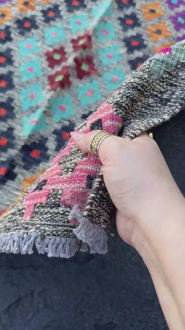 3x5 Handmade Afghan Kilim Runner Rug | Grey Mint Pine Lime Green Purple Wine Red Orange Coral Aqua Blue Black Baby Pink | Wool Flatweave