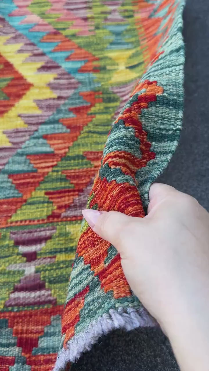 3x7 (100x200) Handmade Afghan Kilim Runner Rug | Olive Moss Green Ivory Yellow Orange Brick Blood Red Grey Grey Teal Maroon | Wool Turkish
