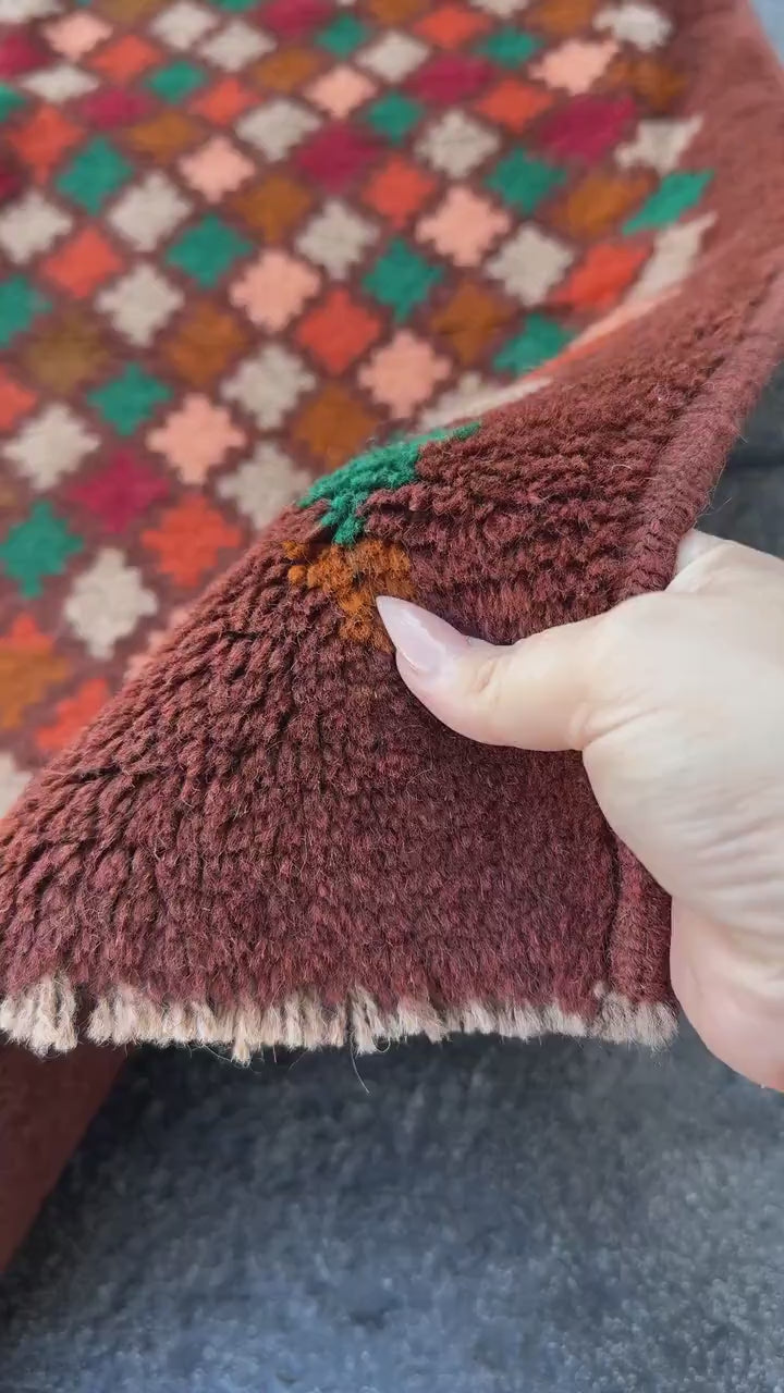 3x10 Handmade Vintage Afghan Baluch Runner Rug | Chocolate Brown Forest G Copper Buuunt Ornge rick Red Grey Salmon Pink | Wool Flatwoven