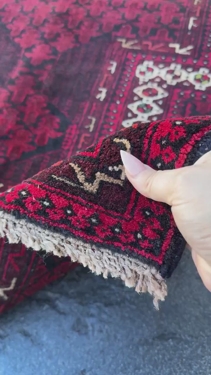 3x5 (91x152) Handmade Vintage Afghan Baluch Rug | Maroon Burgundy Crimson Brick Red White Ivory Pine Moss Forest Green Black | Wool