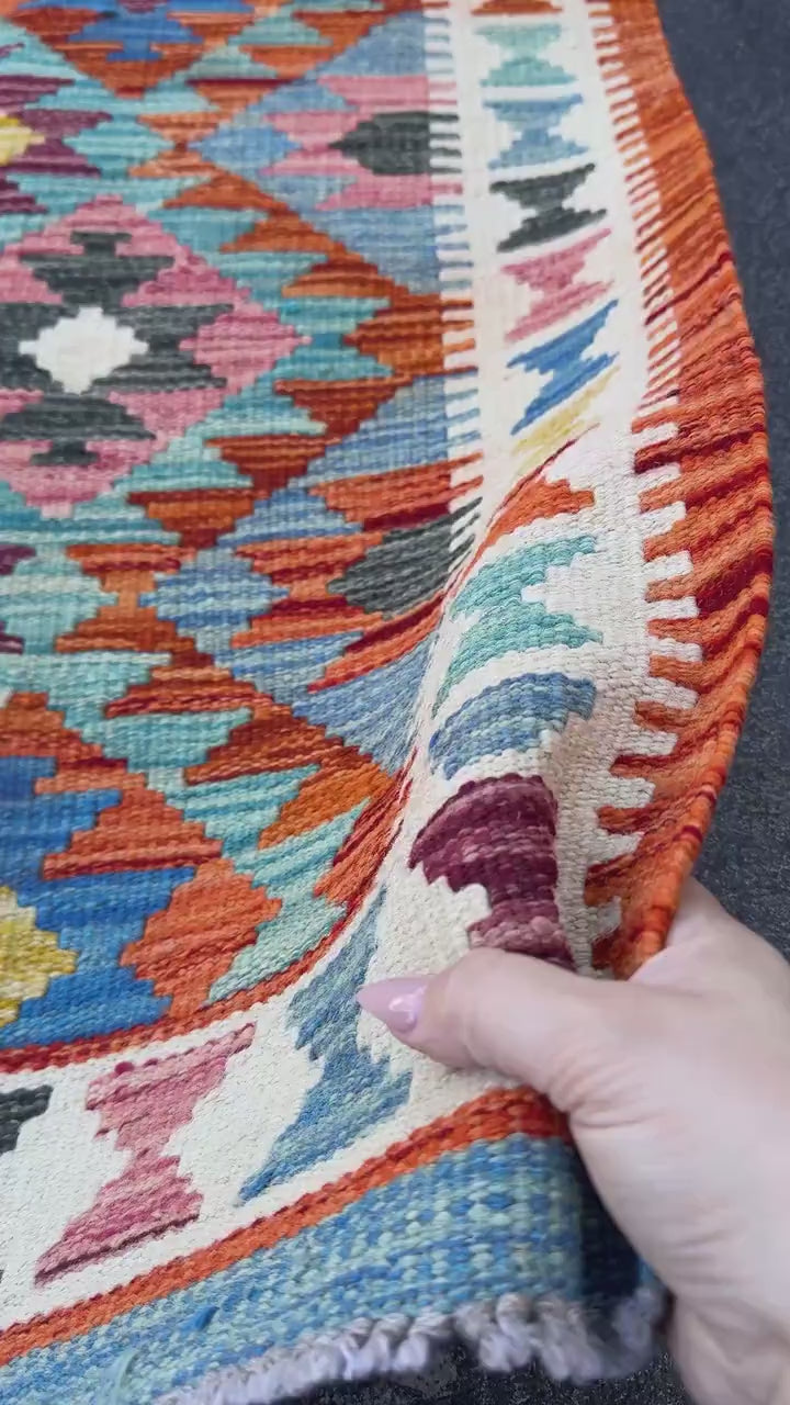 3x5 (91x152) Handmade Afghan Kilim Rug | Teal Burnt Orange Navy Denim Blue Charcoal Grey Red Ivory Olive Green Mustard Yellow | Wool Turkish