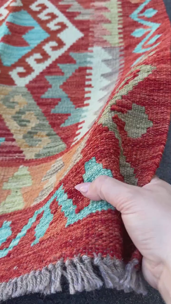 3x7 (100x200) Handmade Afghan Kilim Runner Rug | Brick Red Orange Cream Beige Teal Grey Moss Olive Green Ivory Mustard | Wool Turkish