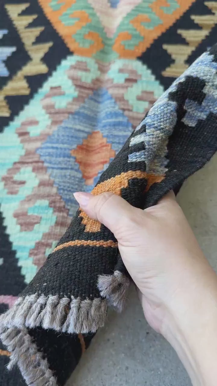 2x3 Handmade Afghan Kilim Rug | Black Orange Aqua Denim Blue Copper Brown Purple Moss Olive Green | Wool Flatwoven