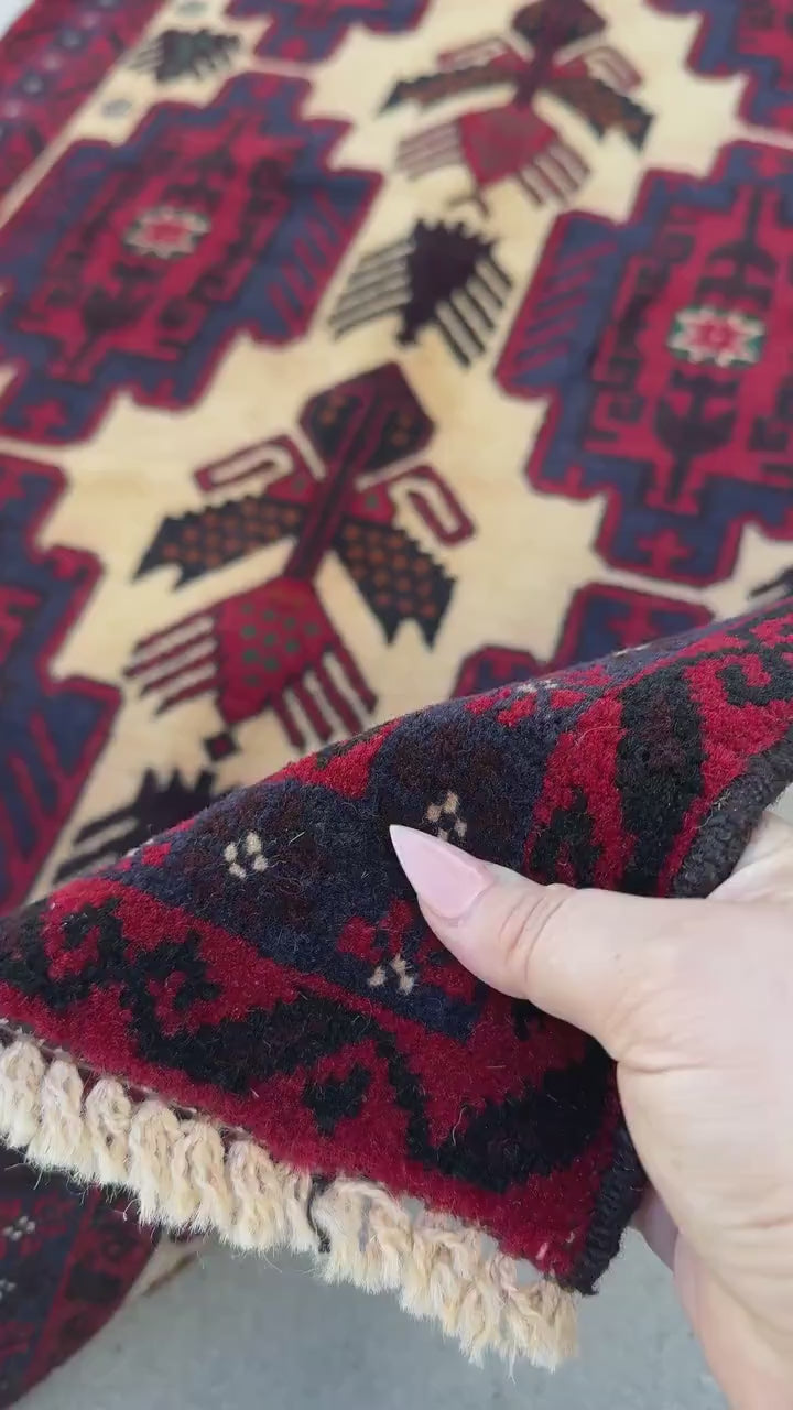 3x5 Handmade Vintage Afghan Baluch Rug | Cream Tan Caramel Coffee Brown Midnight Blue Black Blood Scarlet Red White Ivory Forest Green Wool