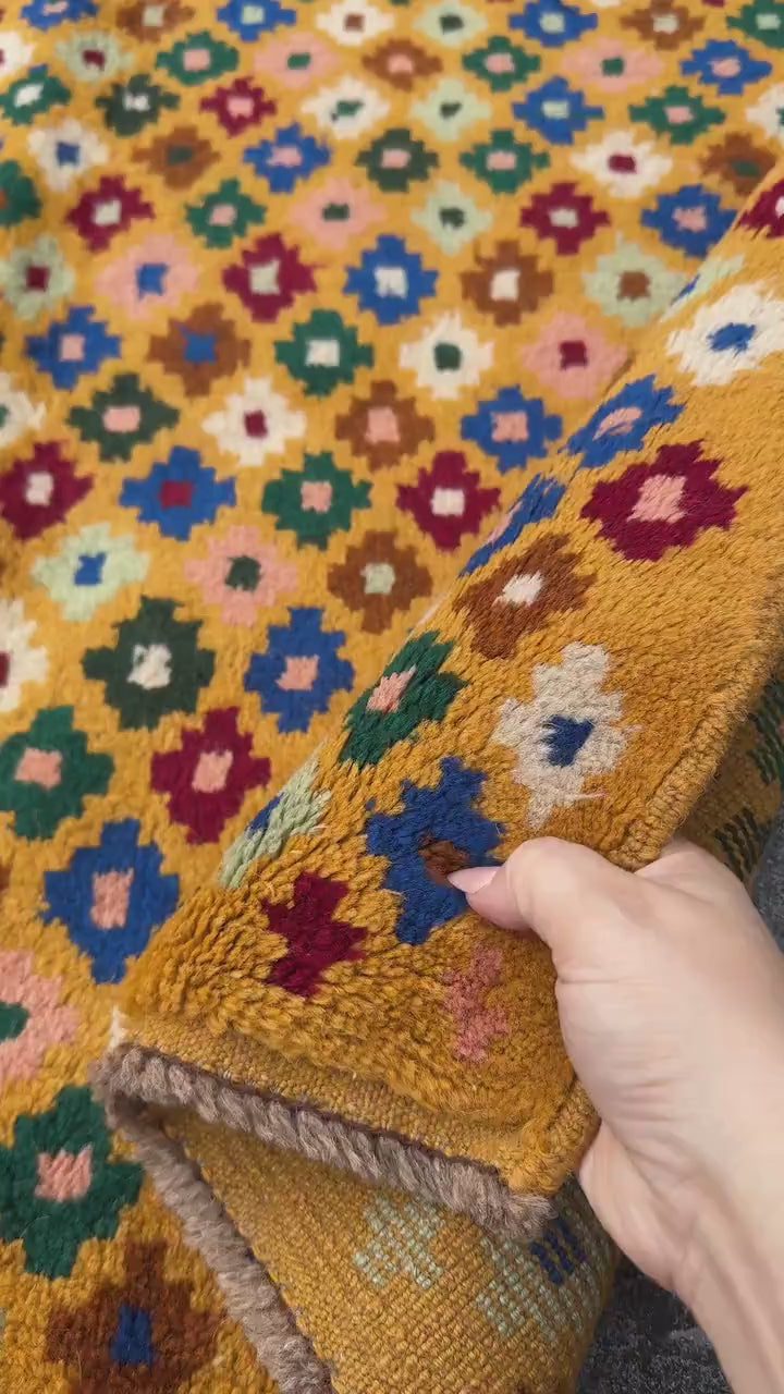 4x6 Handmade Vintage Afghan Baluch Rug | Mustard Gold Forest Mint Green Cream White Navy Blue Chocolate Salmon Pink Peach Black Brick Red