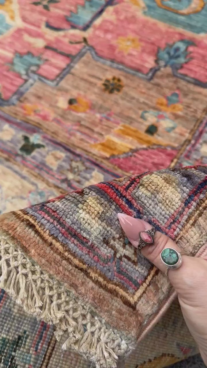9x12 Handmade Afghan Wool Rug | Pastel Tribal Medallion Rug | Soft Pink & Blue Heirloom Area Rug