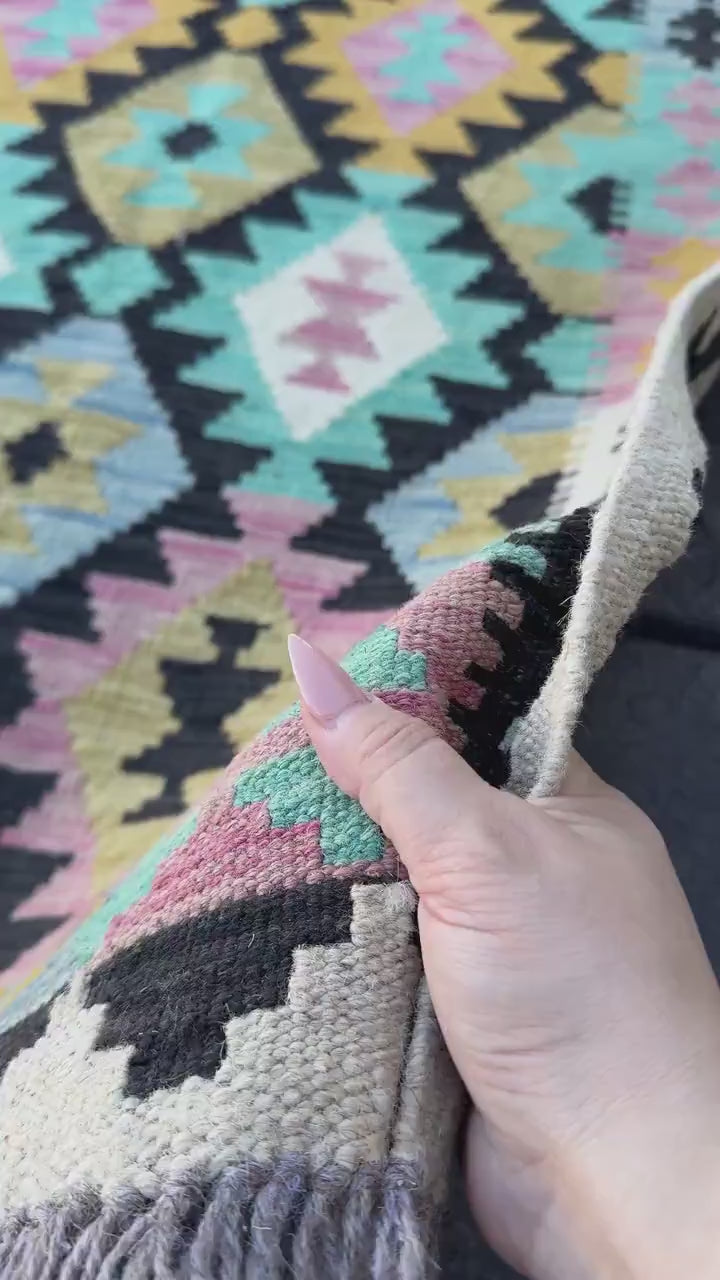 3x5 (91x152) Handmade Afghan Kilim Rug | Cream Black Baby Blush Pink Teal Aqua Denim Blue Mustard Saffron Yellow Beige Tan | Wool Geometric