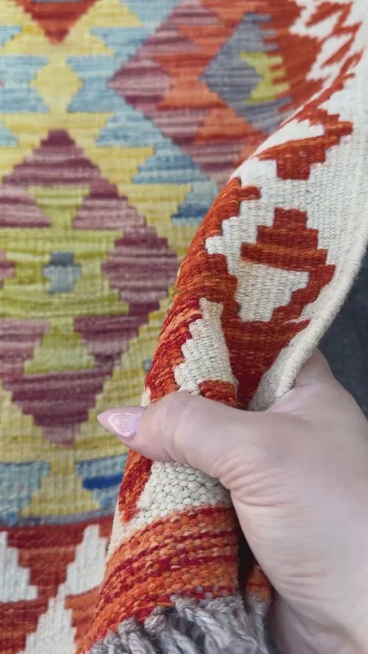 3x4 (91x121) Handmade Afghan Kilim Rug | White Crimson Rust Auburn Red Olive Chartreuse Green Denim Sky Navy Blue Orange Black Grey | Wool