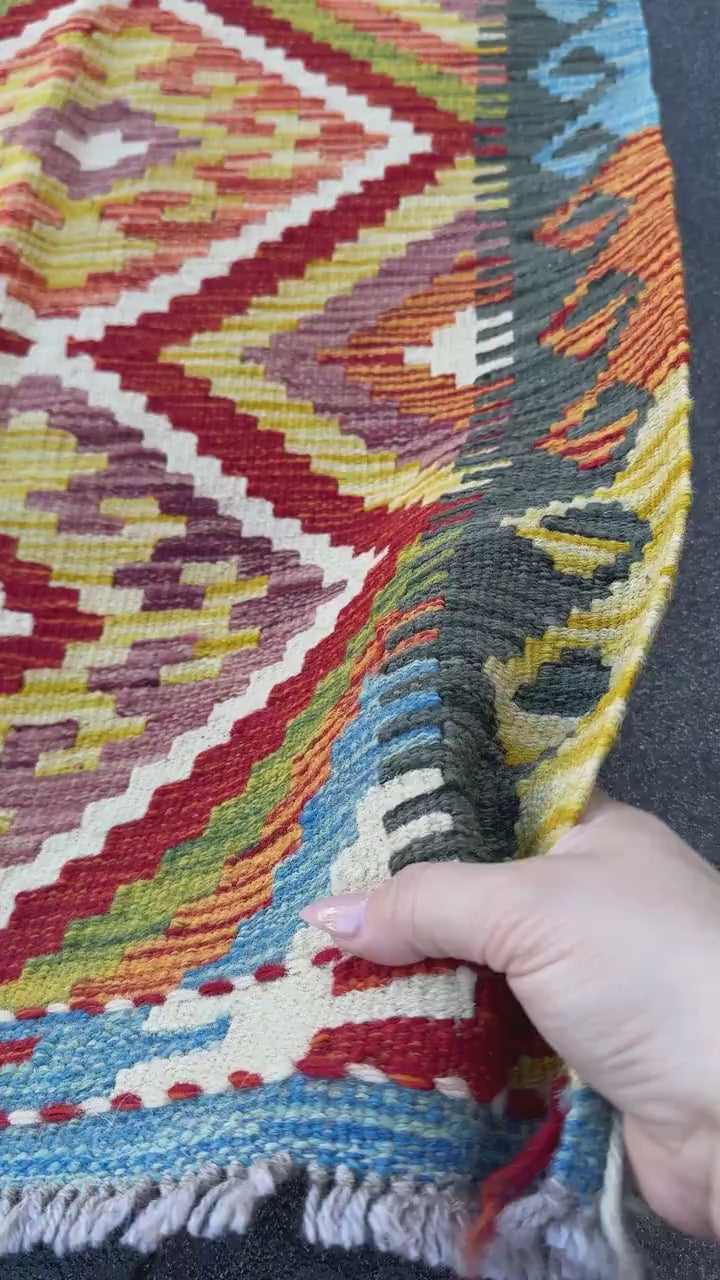 2x5 Handmade Afghan Kilim Runner Rug | Deep Red Burnt Orange Mustard Yellow Olive Green Cream White Sky Blue Navy Plum Charcoal | Flatwoven