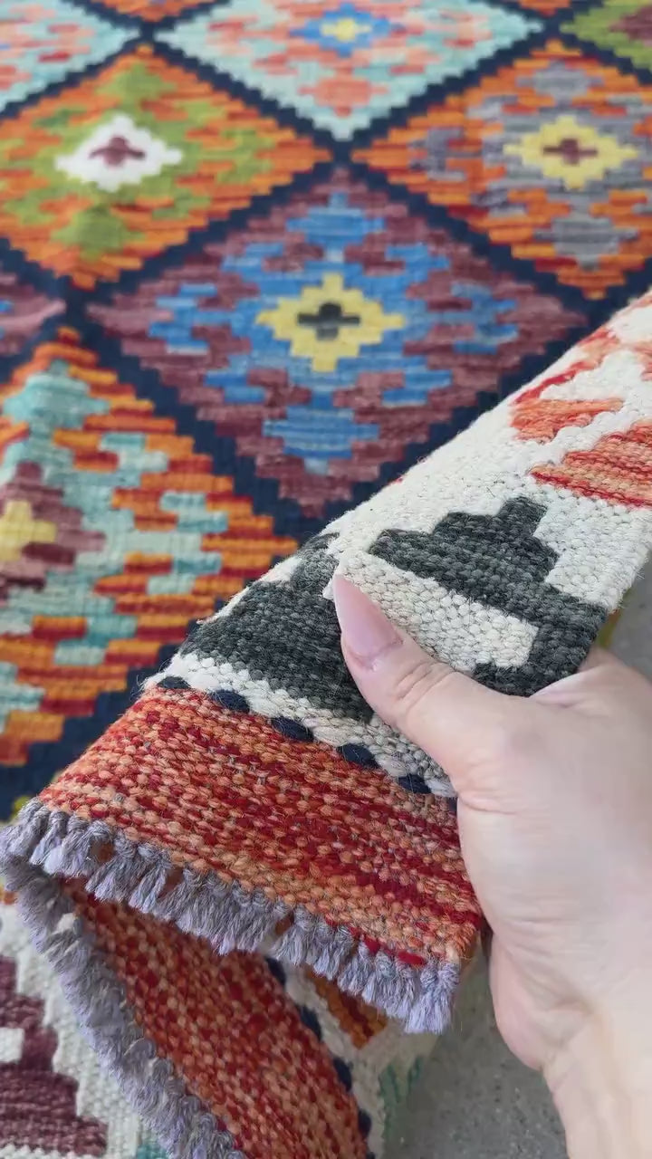 3x5 (91x152) Handmade Afghan Kilim Rug | Orange Forest Moss Green Yellow Baby Sky Denim Blue Black Maroon White Cream Aqua | Wool Flatweave