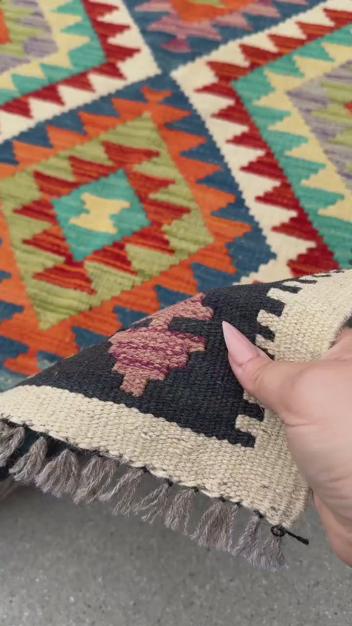 3x6-7 Handmade Afghan Kilim Runner Rug | Cream Crimson Red Yellow Royal Navy Teal Denim Blue Grey Orange Lime Moss Green | Wool Flatweave