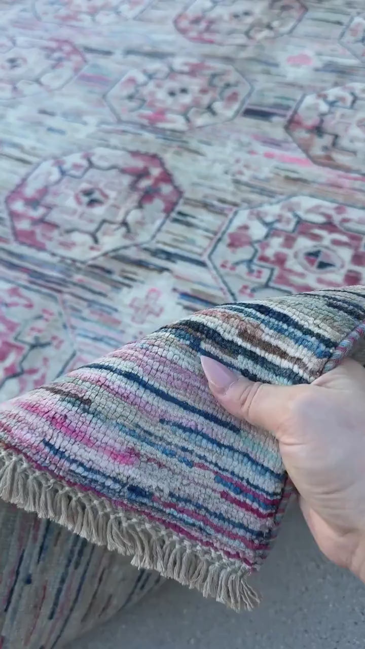 9x12 Handmade Afghan Wool Rug | Ivory and Blush Pink Modern Tribal Geometric Area Rug | Striated Pastel with Charcoal | Hand-Knotted