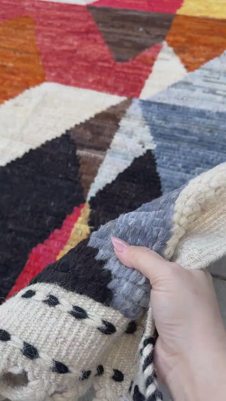8x11 Handmade Afghan Wool Rug | Berber Bazaar Collection | Moroccan-Inspired Geometric Area Rug | Red, Mustard & Black