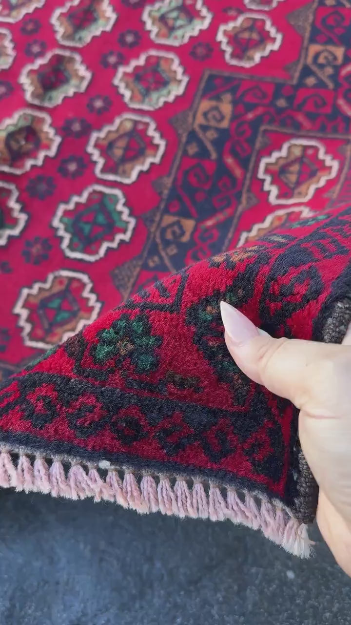 3x5 (91x152) Handmade Vintage Afghan Baluch Rug | Crimson Blood Burgundy Red Midnight Blue Cream White Caramel Brown Forest Mint Green Wool