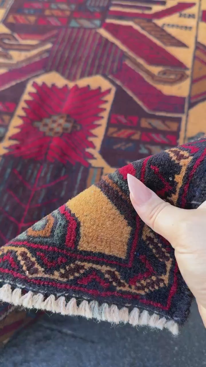 3x4-5 (91x121) Handmade Vintage Afghan Baluch Rug Saffron Gold Mustard Yellow Caramel Coffee Brown Maroon Burgundy Blood Red Denim Navy Blue