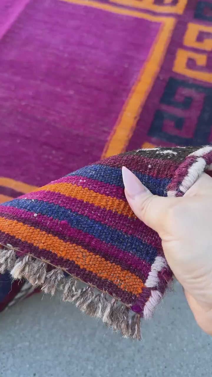 4x4 (121x121) Handmade Afghan Kilim Rug | Cherry Burgundy Red Black Royal Blue Orange Fuchsia Magenta Pink White Cream | Wool Flatweave
