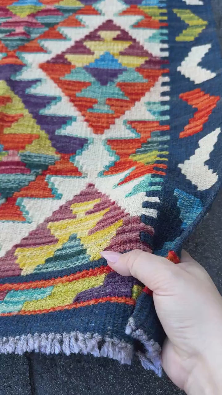 2x5 Handmade Afghan Kilim Runner Rug | Navy Blue Cream White Burnt Orange Rust Teal Aqua Turquoise Olive Green Burgundy Mauve Mustard Plum