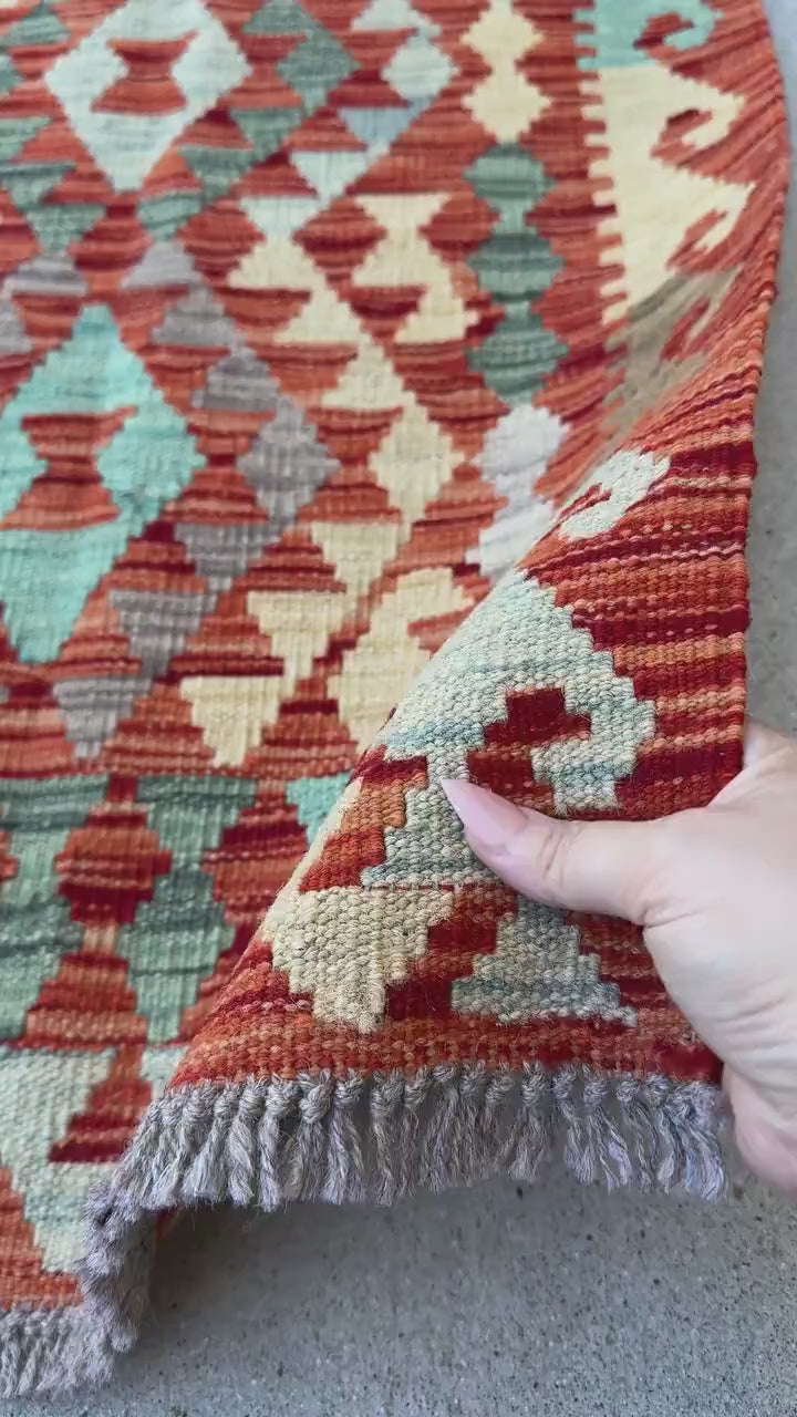 2x3 (61x91) Handmade Afghan Kilim Rug | Burnt Rust Peach Orange Saffron Light Yellow Aqua Teal Baby Powder Blue Grey Red Forest Green | Wool
