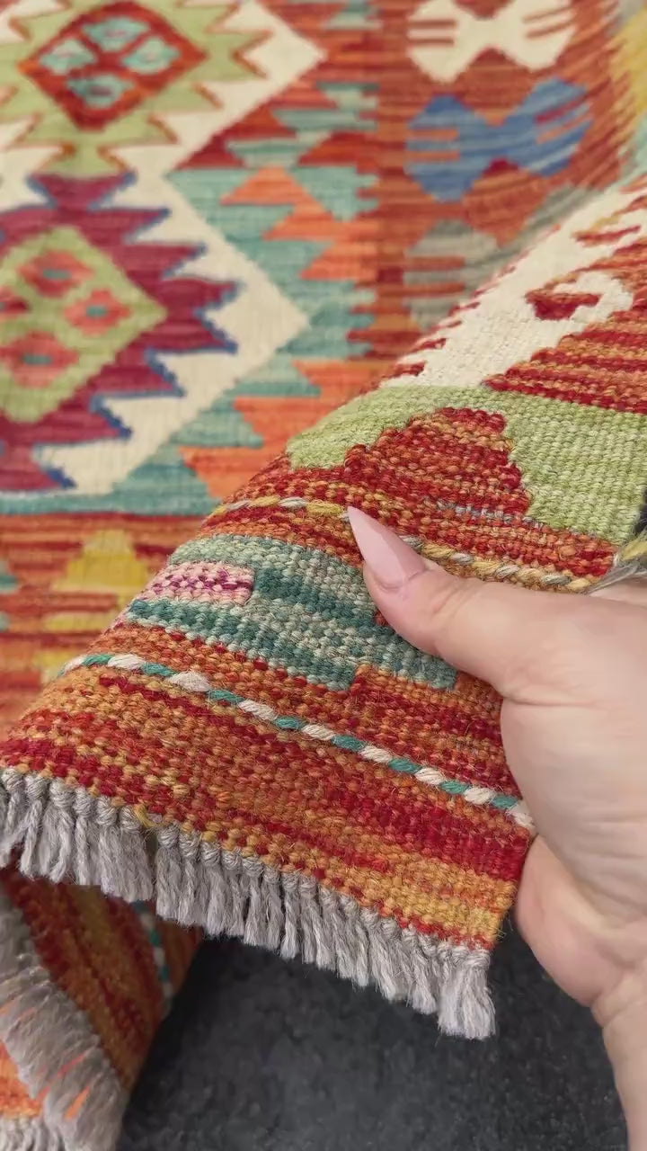 2x6 Handmade Afghan Kilim Runner Rug | Burnt Orange Cream Grey Denim Teal Aqua Blue Lime Sage Forest Green Mustard Yellow Auburn Red | Wool